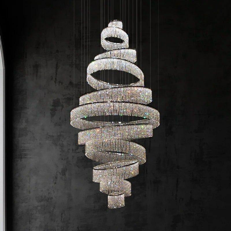 Long Crystal Tassel Rings Chandelier Extra Large Living Room Staircase High Ceiling Lighting Fixture - cyranlamps
