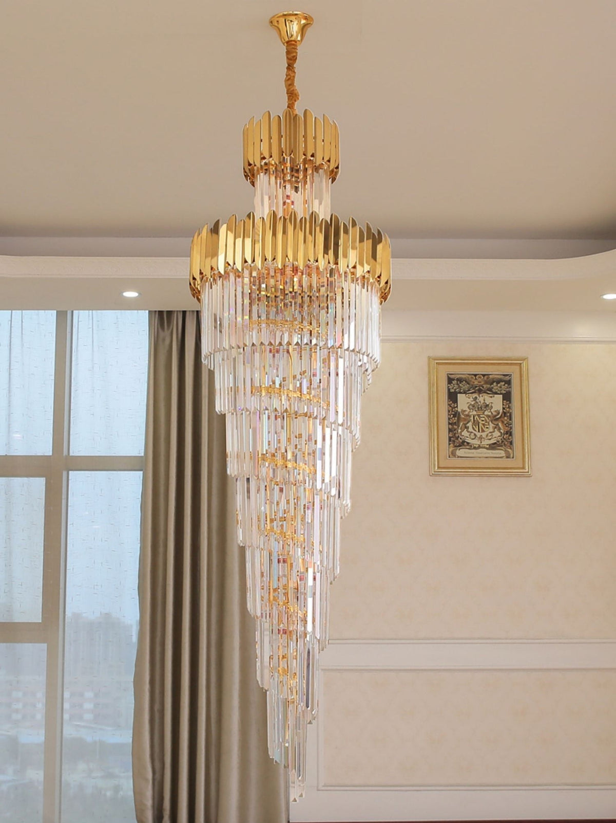 Luxury Gold Trimmed Long Crystal Chandelier Foyer Staircase Extra Large Ceiling Light Fixture - cyranlamps