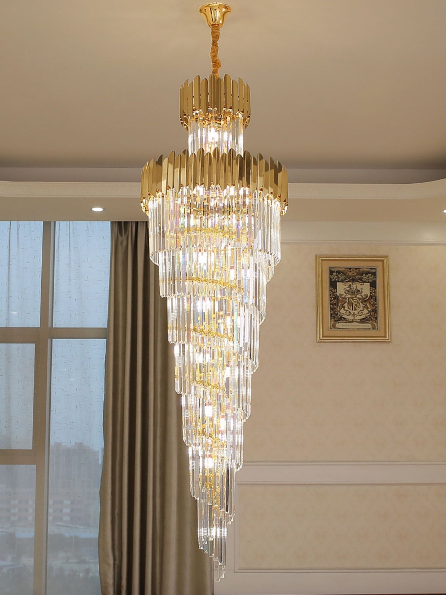 Luxury Gold Trimmed Long Crystal Chandelier Foyer Staircase Extra Large Ceiling Light Fixture - cyranlamps