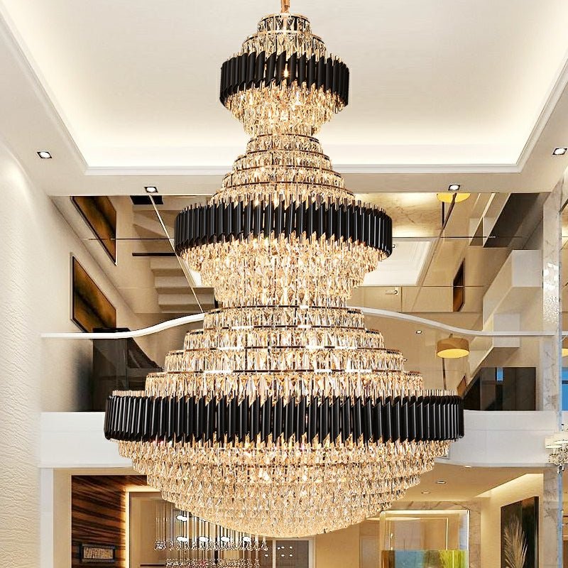 Modern Black Iron Crystal Chandelier For Foyer Staircase Luxurious Design Ceiling Light Fixture - cyranlamps