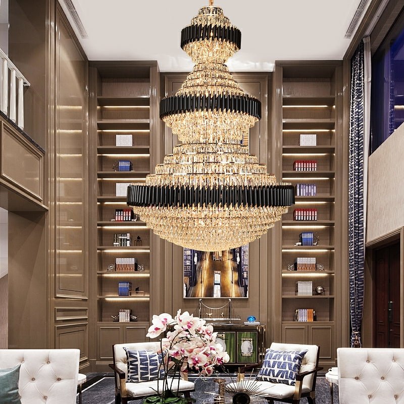 Modern Black Iron Crystal Chandelier For Foyer Staircase Luxurious Design Ceiling Light Fixture - cyranlamps