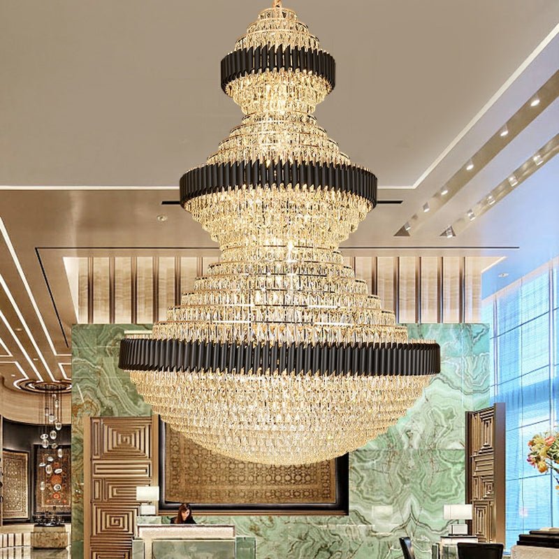 Modern Black Iron Crystal Chandelier For Foyer Staircase Luxurious Design Ceiling Light Fixture - cyranlamps
