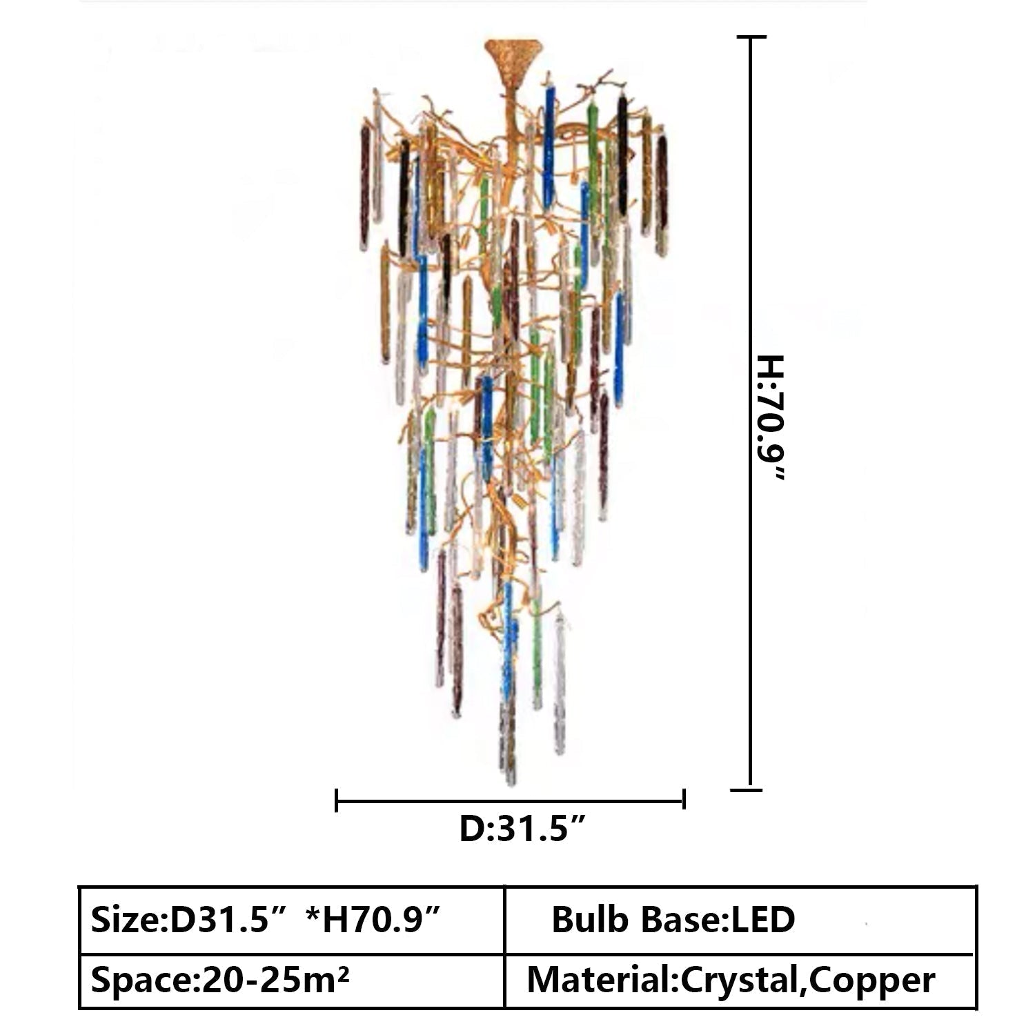 Modern Light Luxury Brass Branches Colored Glass Column Chandelier for Staircase/Living Room/High - ceiling Space - cyranlamps