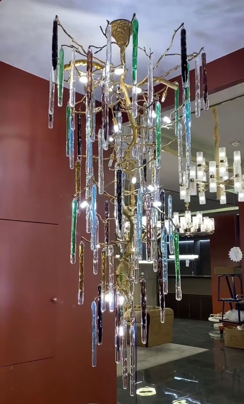 Modern Light Luxury Brass Branches Colored Glass Column Chandelier for Staircase/Living Room/High - ceiling Space - cyranlamps