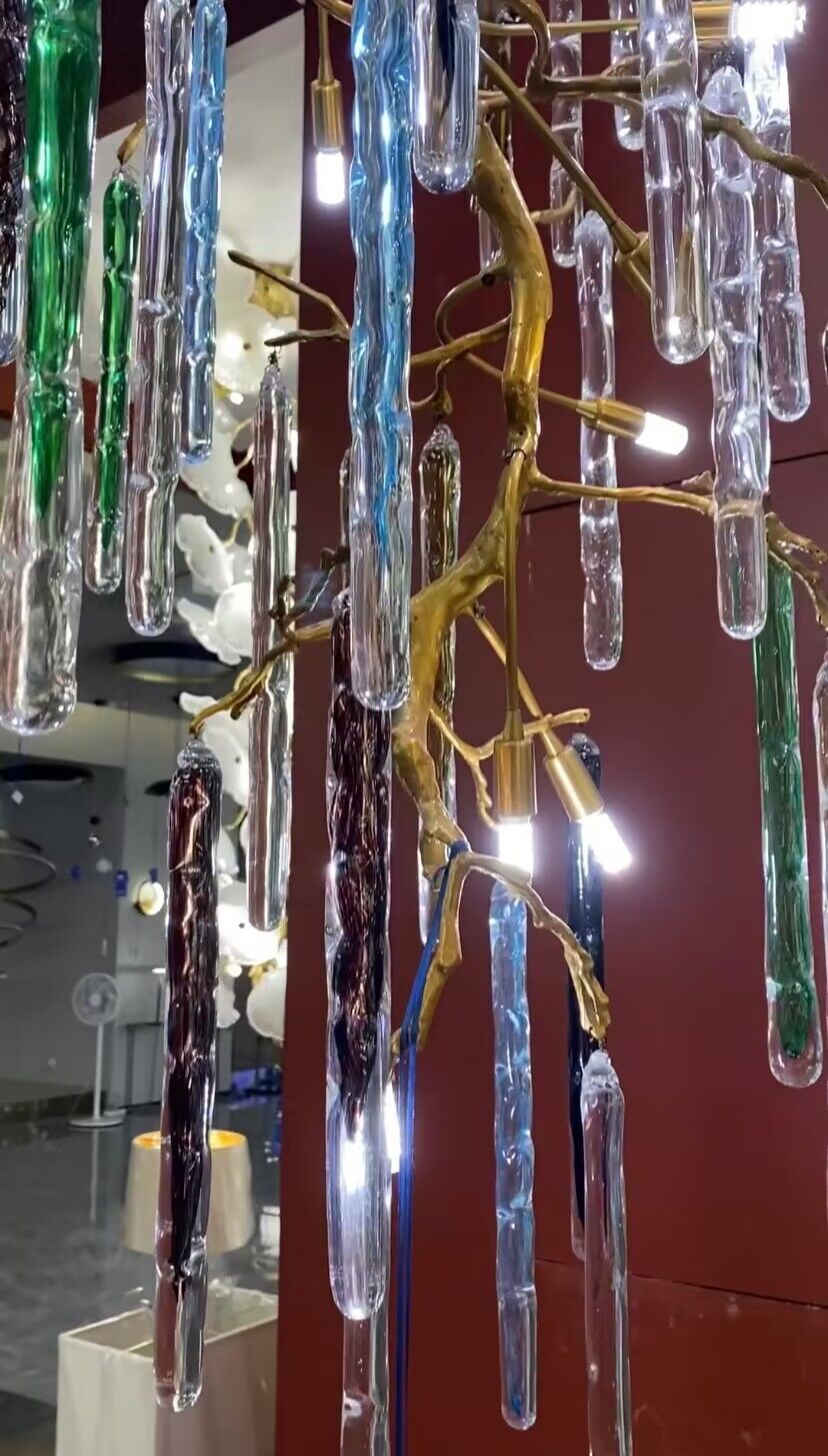 Modern Light Luxury Brass Branches Colored Glass Column Chandelier for Staircase/Living Room/High - ceiling Space - cyranlamps
