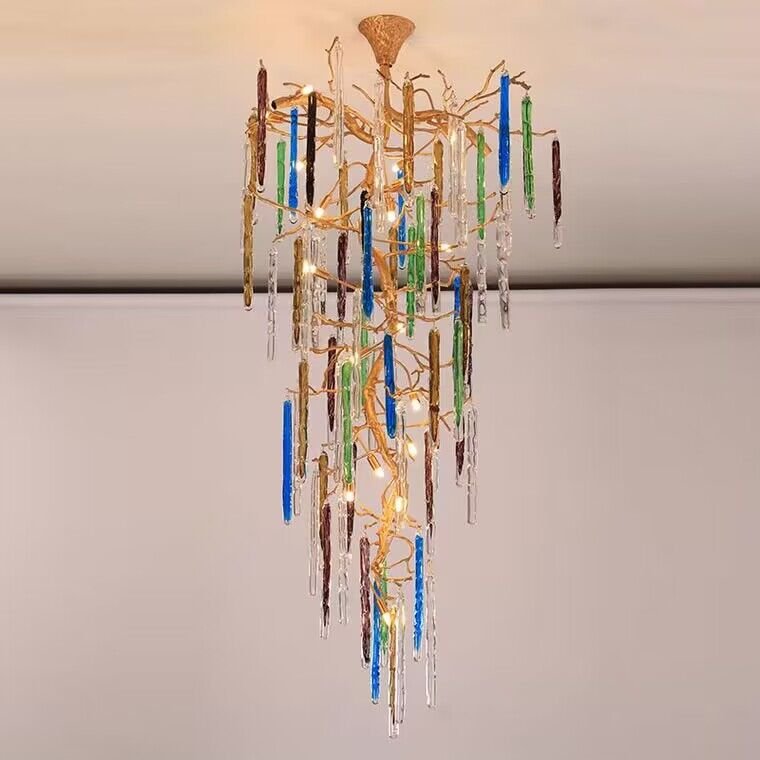 Modern Light Luxury Brass Branches Colored Glass Column Chandelier for Staircase/Living Room/High - ceiling Space - cyranlamps