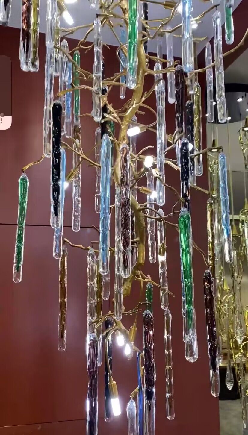 Modern Light Luxury Brass Branches Colored Glass Column Chandelier for Staircase/Living Room/High - ceiling Space - cyranlamps