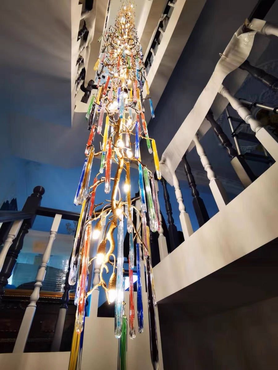 Modern Light Luxury Brass Branches Colored Glass Column Chandelier for Staircase/Living Room/High - ceiling Space - cyranlamps