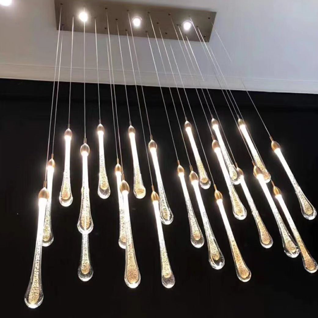 Modern Long Gold Glass Raindrop Rod Pendant Light for Staircase/High - ceiling room - cyranlamps