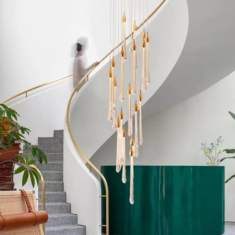 Modern Long Gold Glass Raindrop Rod Pendant Light for Staircase/High - ceiling room - cyranlamps