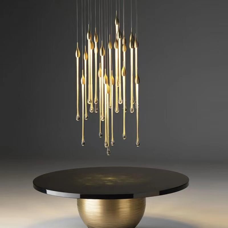Modern Long Gold Glass Raindrop Rod Pendant Light for Staircase/High - ceiling room - cyranlamps