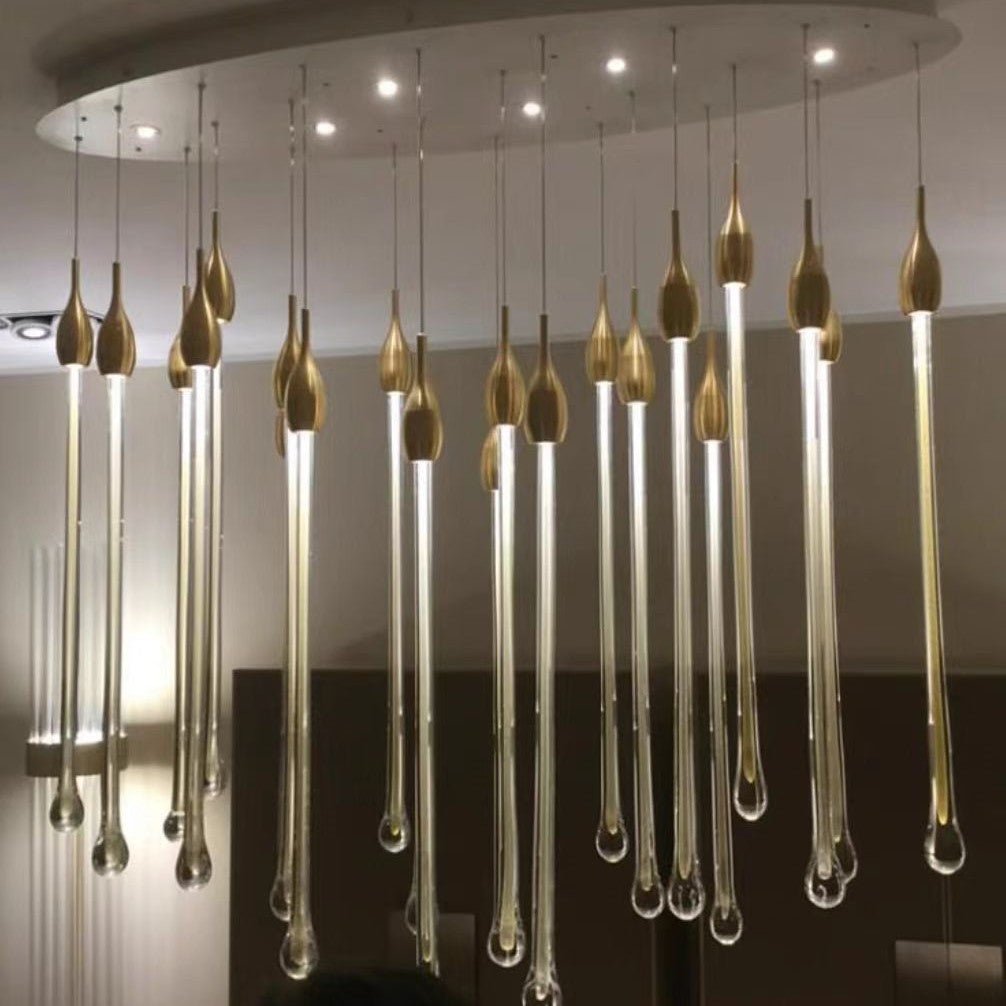 Modern Long Gold Glass Raindrop Rod Pendant Light for Staircase/High - ceiling room - cyranlamps