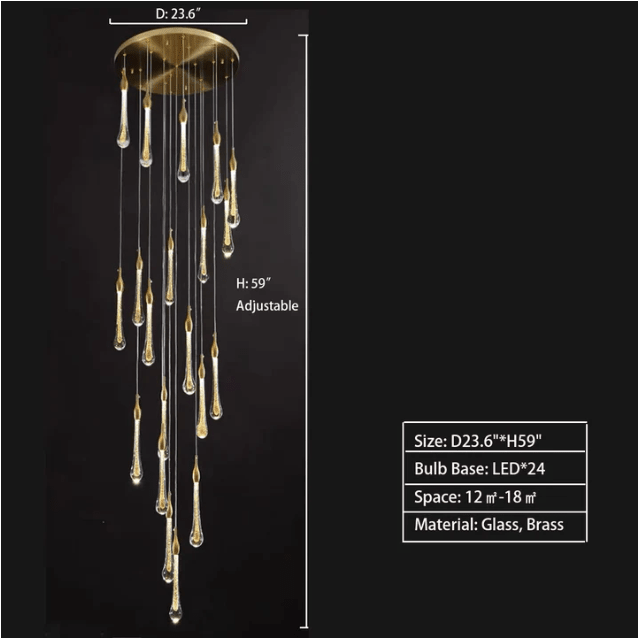 Modern Long Gold Glass Raindrop Rod Pendant Light for Staircase/High - ceiling room - cyranlamps