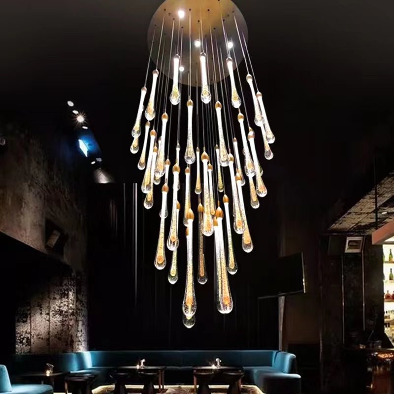 Modern Long Gold Glass Raindrop Rod Pendant Light for Staircase/High - ceiling room - cyranlamps