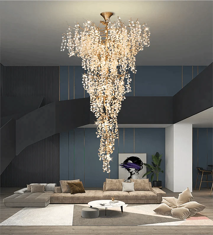 Modern Unique Artistic Flower Brass Branch Semi - flush Mount Chandelier for Living Room/ Hallway/ Entryway/ Staircase - cyranlamps