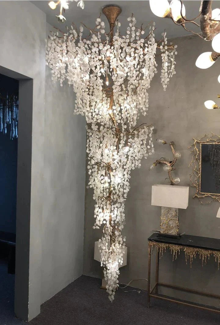 Modern Unique Artistic Flower Brass Branch Semi - flush Mount Chandelier for Living Room/ Hallway/ Entryway/ Staircase - cyranlamps