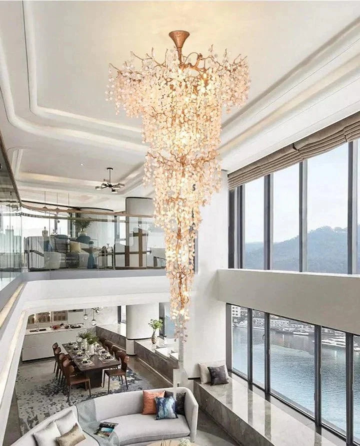 Modern Unique Artistic Flower Brass Branch Semi - flush Mount Chandelier for Living Room/ Hallway/ Entryway/ Staircase - cyranlamps