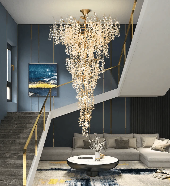 Modern Unique Artistic Flower Brass Branch Semi - flush Mount Chandelier for Living Room/ Hallway/ Entryway/ Staircase - cyranlamps