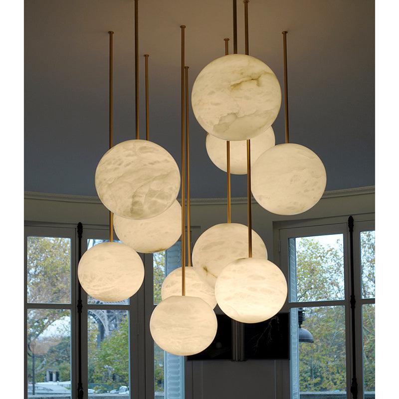 Nami Alabaster Sphere Staircase Chandelier Brass Multi Pendant Light - Cyran Lamps