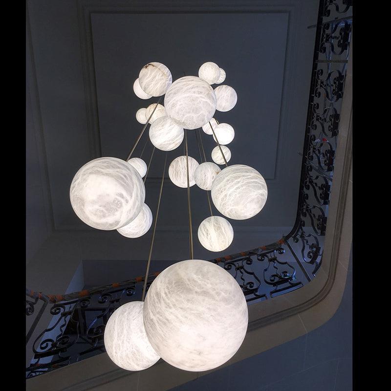 Nami Alabaster Sphere Staircase Chandelier Brass Multi Pendant Light - Cyran Lamps