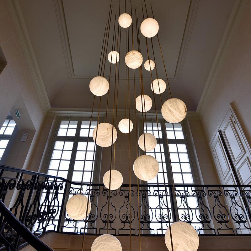 Nami Alabaster Sphere Staircase Chandelier Brass Multi Pendant Light - Cyran Lamps