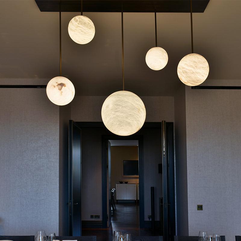 Nami Alabaster Sphere Staircase Chandelier Brass Multi Pendant Light - Cyran Lamps