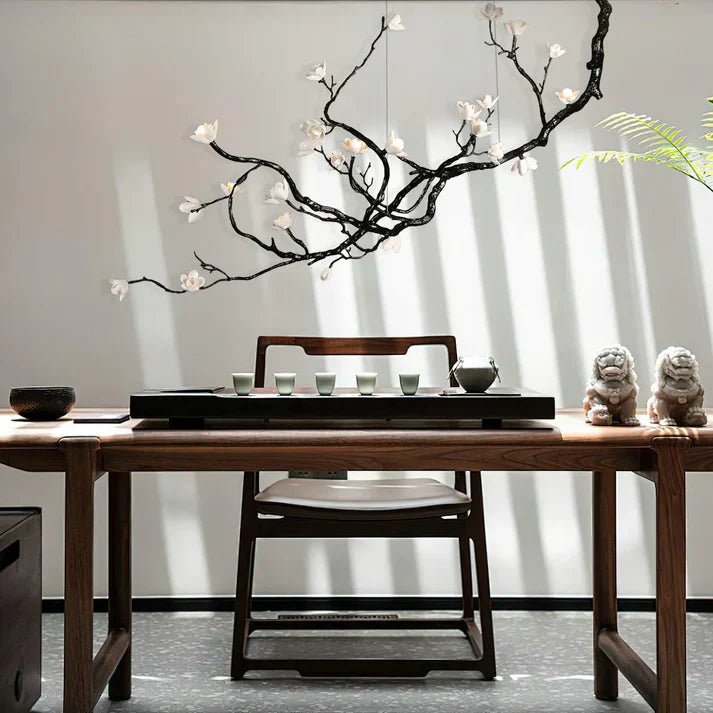 Noir Magnolia Branch & Porcelain Bloom Chandelier - Cyran Lamps