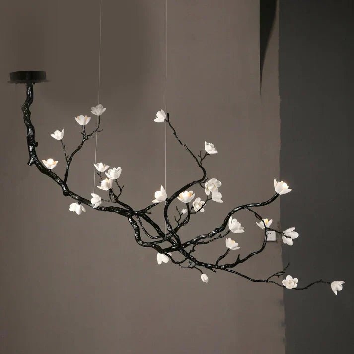 Noir Magnolia Branch & Porcelain Bloom Chandelier - Cyran Lamps
