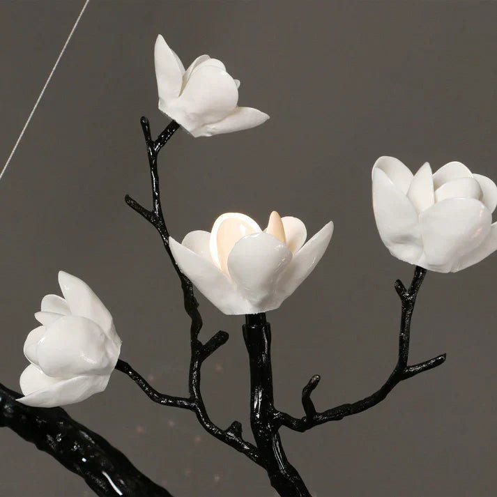 Noir Magnolia Branch & Porcelain Bloom Chandelier - Cyran Lamps