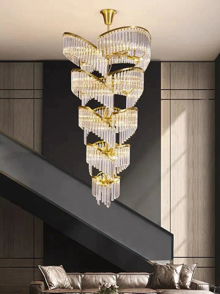 Oversized Modern Designer Creative Multi - tiered Luxury Spiral Crystal Chandelier For High - ceiling Foyer/Entryway/Hallway - cyranlamps