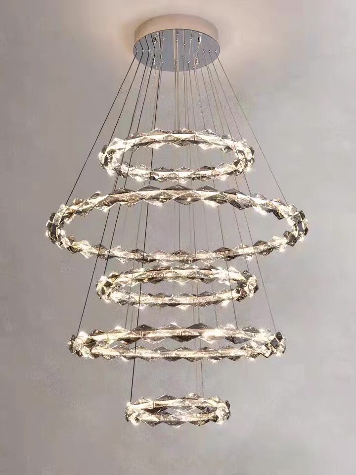 Oversized Multi - Tiered Rings Crystal Chandelier Modern Clear and Grey Crystal Ceiling Light Fixture For Staircase/Foyer/Hallway/Entryway - cyranlamps