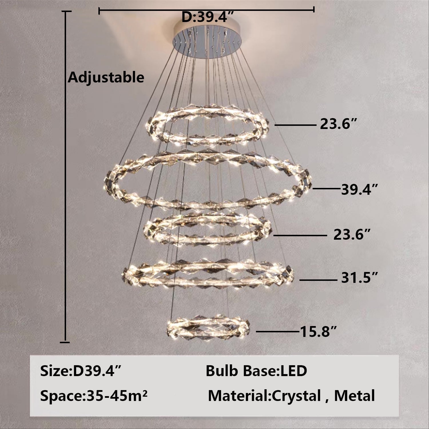 Oversized Multi - Tiered Rings Crystal Chandelier Modern Clear and Grey Crystal Ceiling Light Fixture For Staircase/Foyer/Hallway/Entryway - cyranlamps