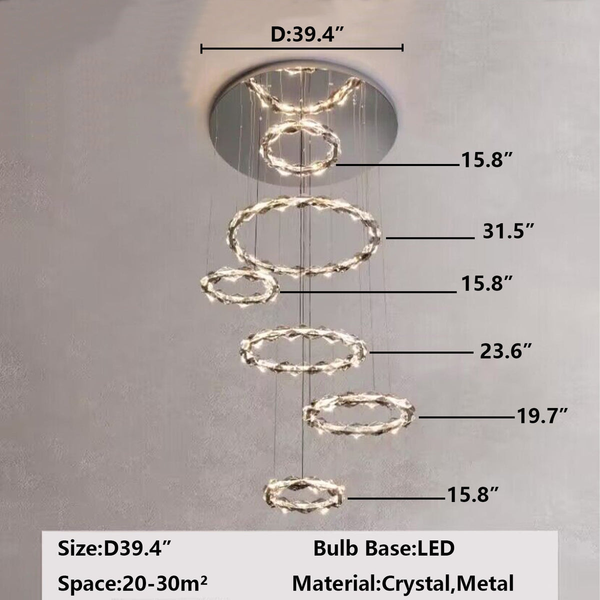 Oversized Multi - Tiered Rings Crystal Chandelier Modern Clear and Grey Crystal Ceiling Light Fixture For Staircase/Foyer/Hallway/Entryway - cyranlamps