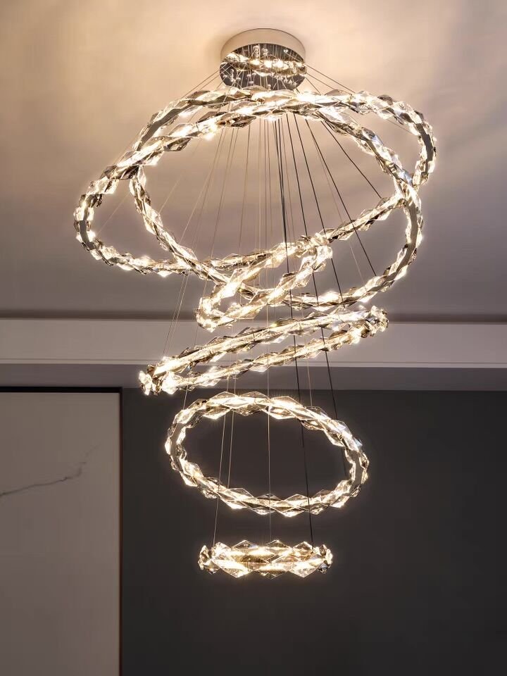 Oversized Multi - Tiered Rings Crystal Chandelier Modern Clear and Grey Crystal Ceiling Light Fixture For Staircase/Foyer/Hallway/Entryway - cyranlamps