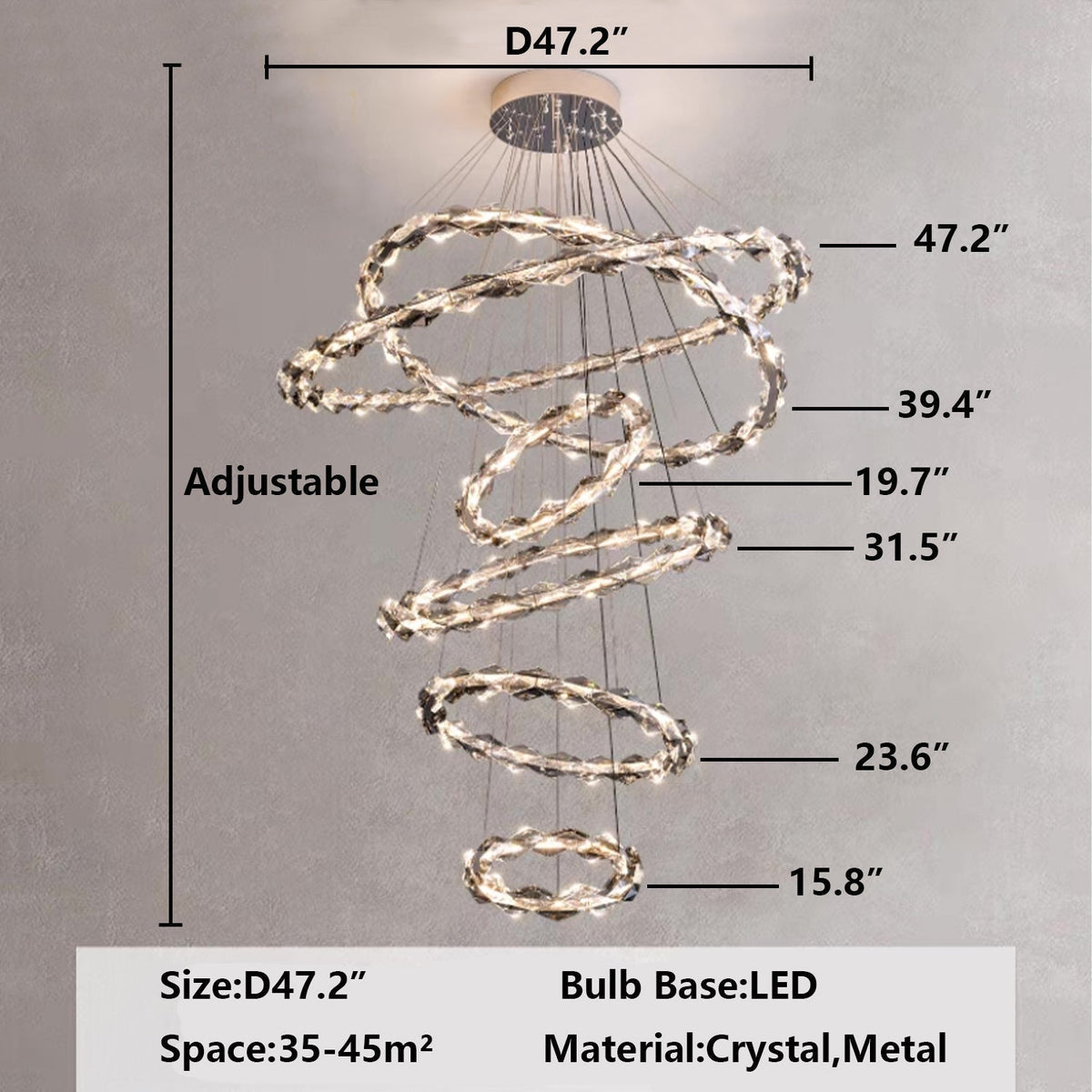 Oversized Multi - Tiered Rings Crystal Chandelier Modern Clear and Grey Crystal Ceiling Light Fixture For Staircase/Foyer/Hallway/Entryway - cyranlamps