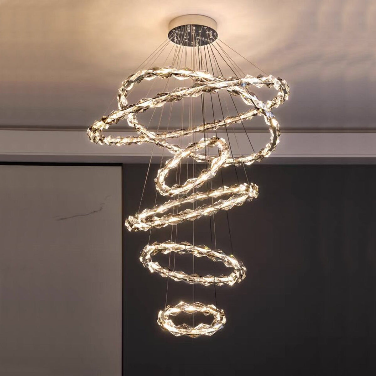 Oversized Multi - Tiered Rings Crystal Chandelier Modern Clear and Grey Crystal Ceiling Light Fixture For Staircase/Foyer/Hallway/Entryway - cyranlamps