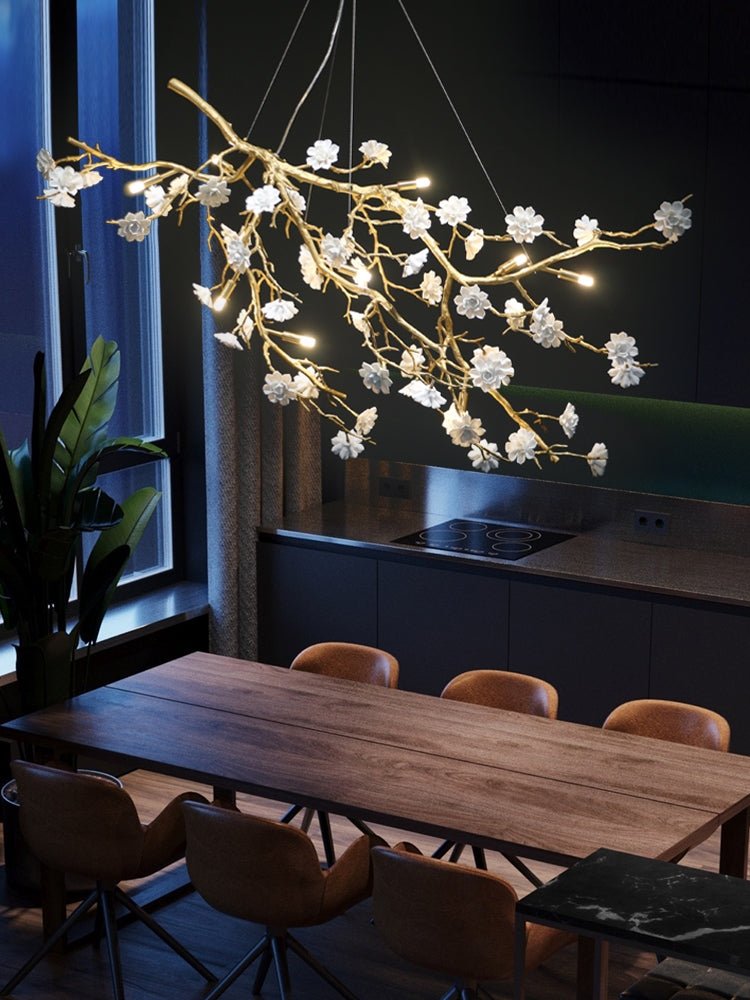 Post - Modern Art Brass and Ceramics Flower Pendant Branch Chandelier for Living/Dining Room - cyranlamps