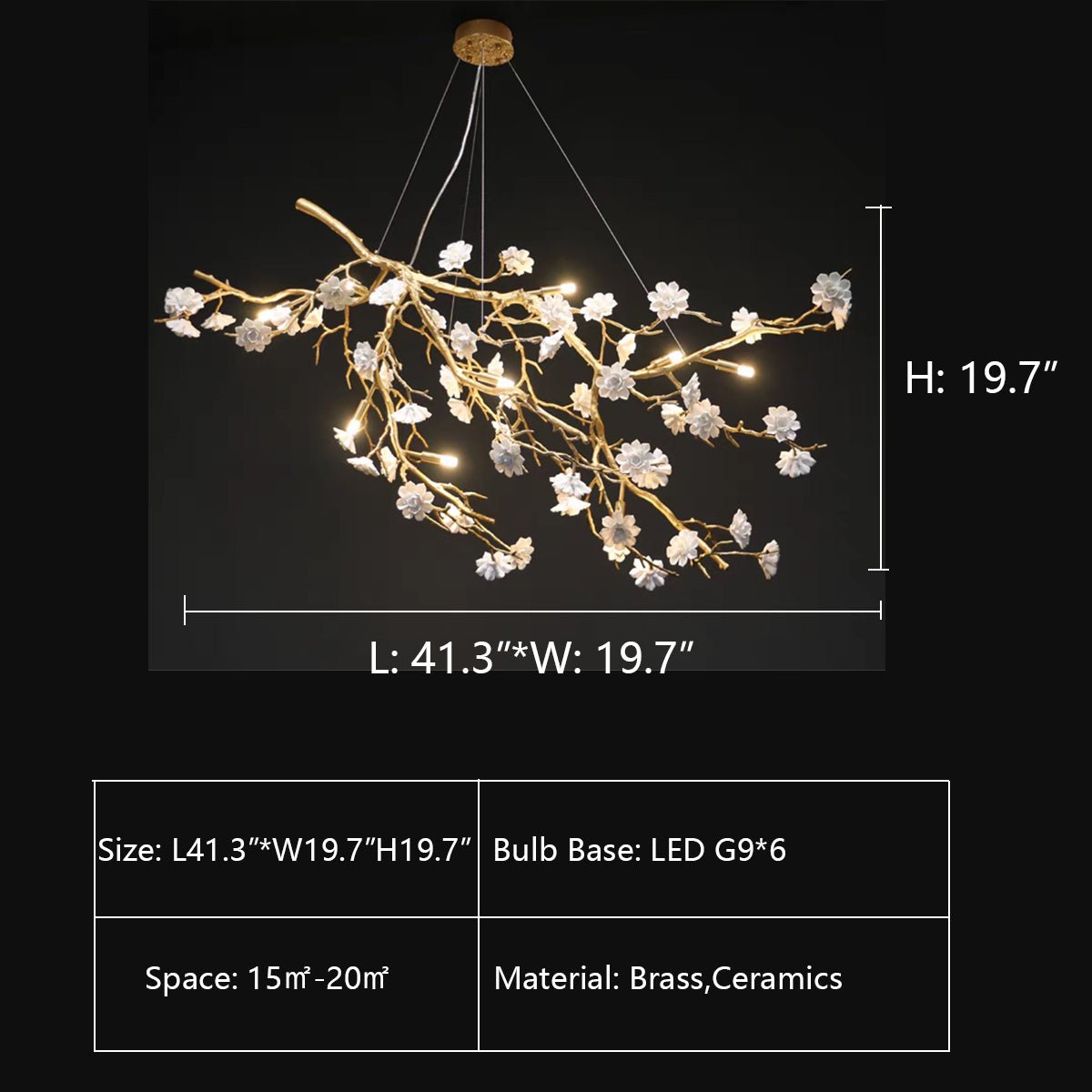 Post - Modern Art Brass and Ceramics Flower Pendant Branch Chandelier for Living/Dining Room - cyranlamps