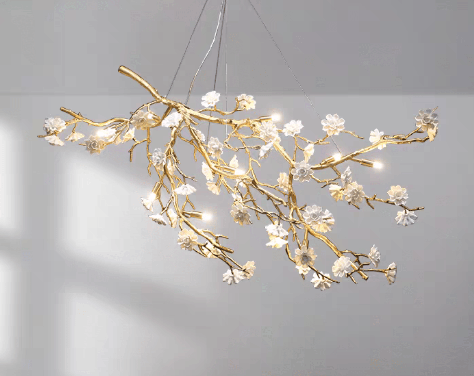 Post - Modern Art Brass and Ceramics Flower Pendant Branch Chandelier for Living/Dining Room - cyranlamps