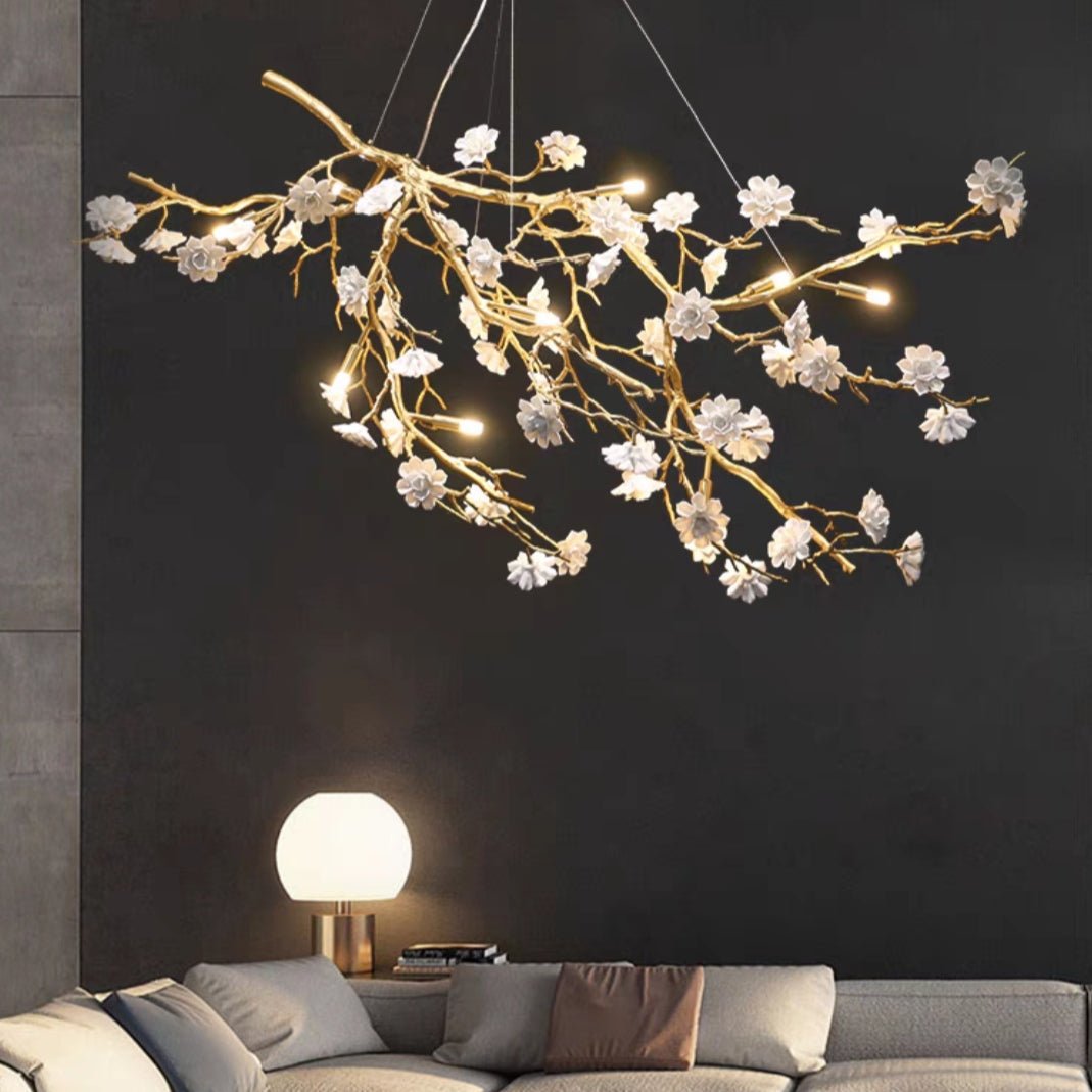 Post - Modern Art Brass and Ceramics Flower Pendant Branch Chandelier for Living/Dining Room - cyranlamps