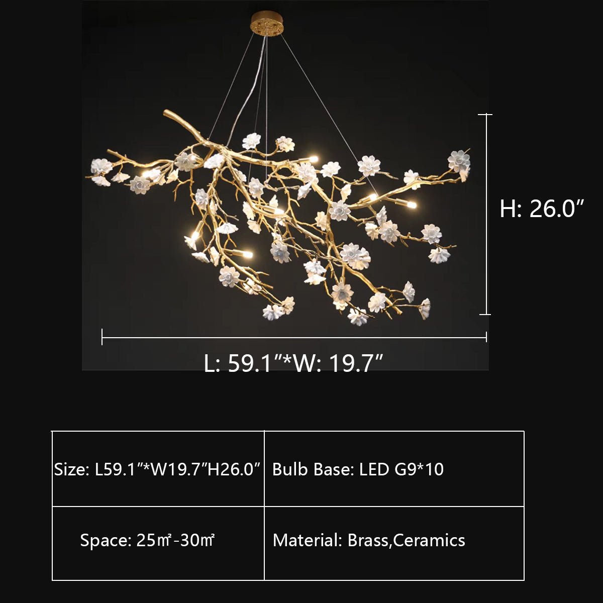 Post - Modern Art Brass and Ceramics Flower Pendant Branch Chandelier for Living/Dining Room - cyranlamps