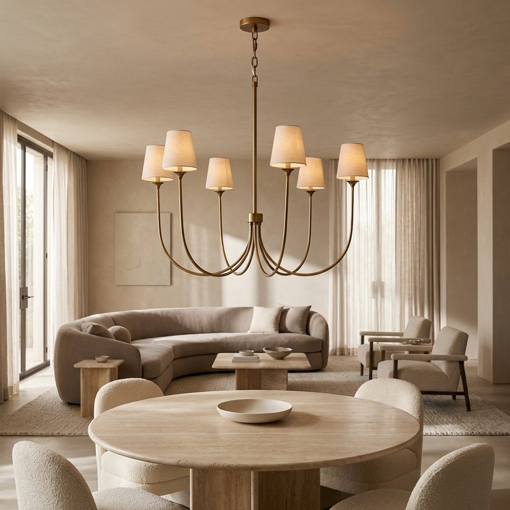 Saige 6 - Light Curved Arm Chandelier with Linen Shades - Cyran Lamps