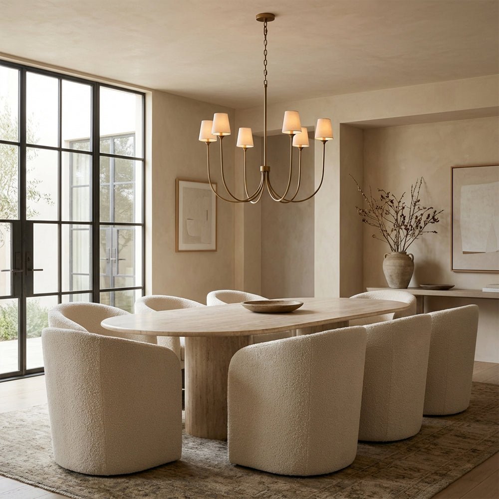 Saige 6 - Light Curved Arm Chandelier with Linen Shades - Cyran Lamps