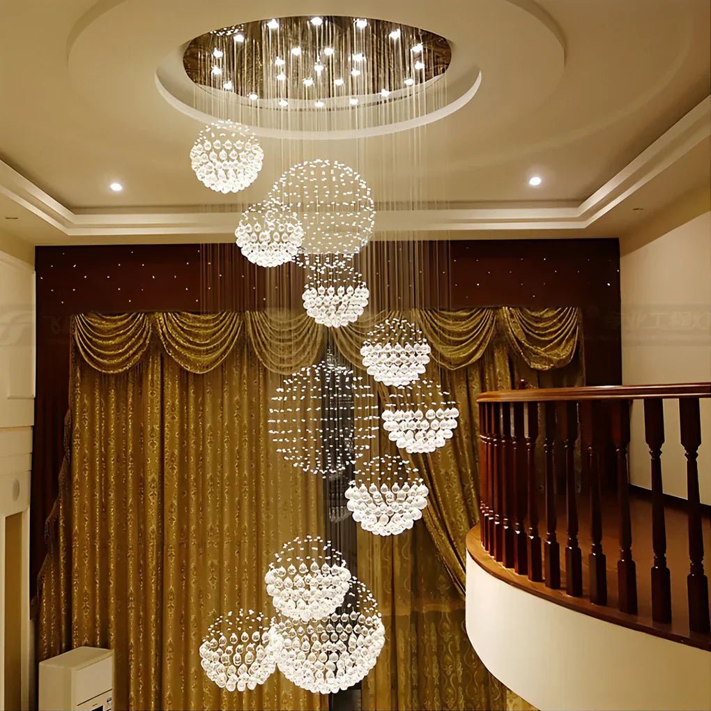 Spiral Raindrop Crystal Ball Three Step Dimming LED Staircase Chandelier - Cyran Lamps
