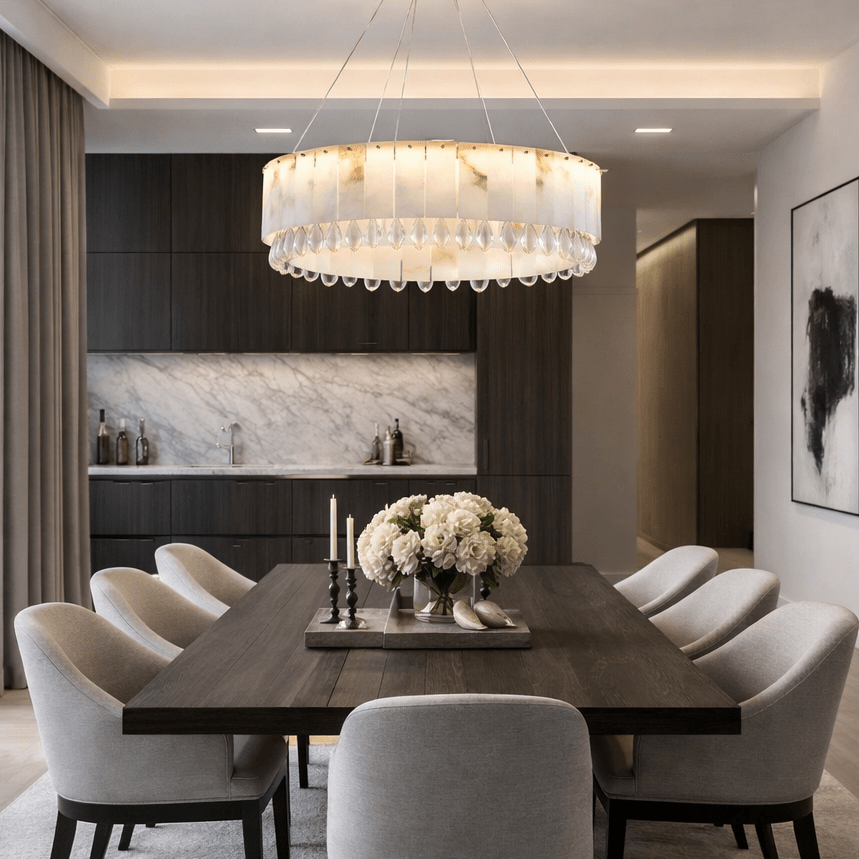 Stuart 31" Modern Marble & Crystal Round Chandelier - cyranlamps