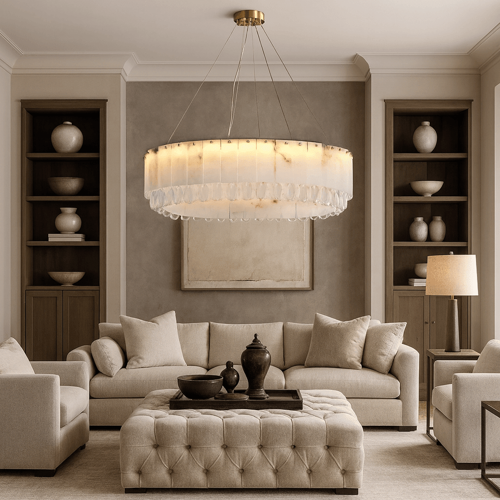 Stuart 31" Modern Marble & Crystal Round Chandelier - cyranlamps