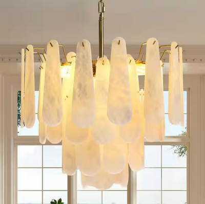 21.6 in. 6-Light Modern Round Alabaster Kitchen Island Chandelier, 4-Tier Luxury Large White Chandelier for Bedroom