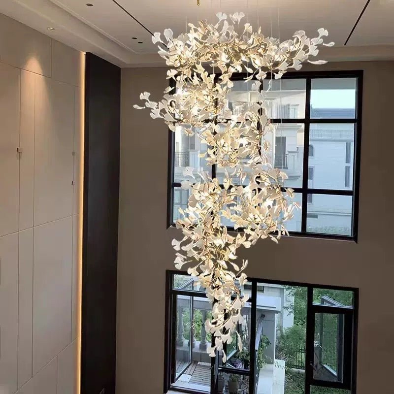 24 Light Gold Chandelier, Luxury Ginkgo Branch Chandelier for Staircase - cyranlamps
