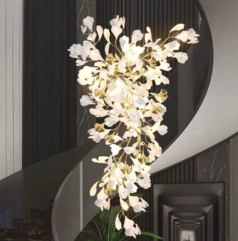 24 Light Gold Chandelier, Luxury Ginkgo Branch Chandelier for Staircase - cyranlamps