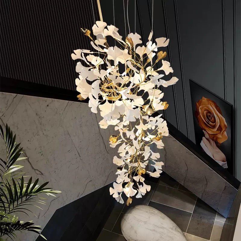 24 Light Gold Chandelier, Luxury Ginkgo Branch Chandelier for Staircase - cyranlamps